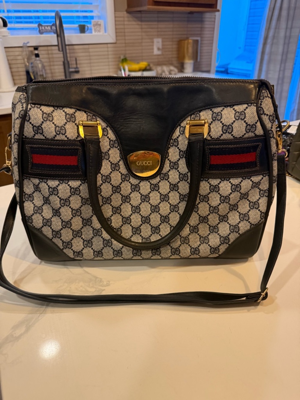 Gucci GG Supreme Satchel with Navy Leather and Red Navy Web Stripe